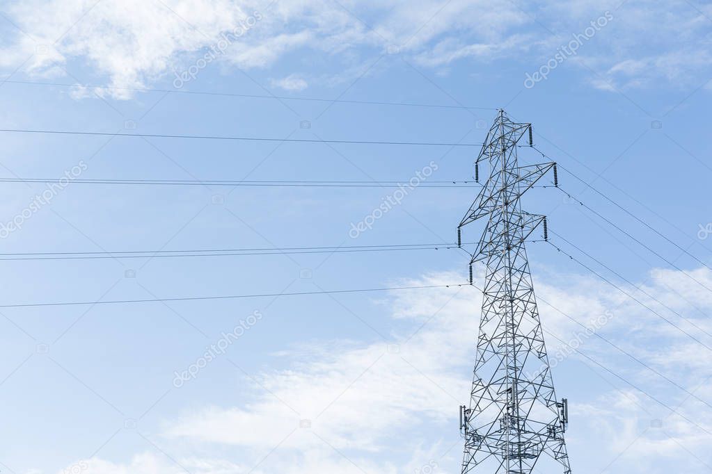Electric power tower with blue sky
