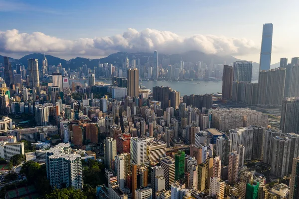 Mong Kok Hong Kong Setembro 2018 Drone Sobrevoa Centro Hong — Fotografia de Stock