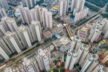 Tin Shui Wai, Hong Kong - 26 Ağustos, 2018: Hong Kong konut şehrin havadan görünümü