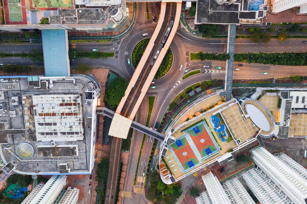Tin Shui Wai, Hong Kong - 08 September, 2018: Top view of Hong Kong traffic