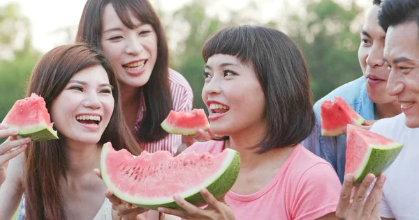 Friends Picnic Together Eating Watermelon — Stock Photo, Image