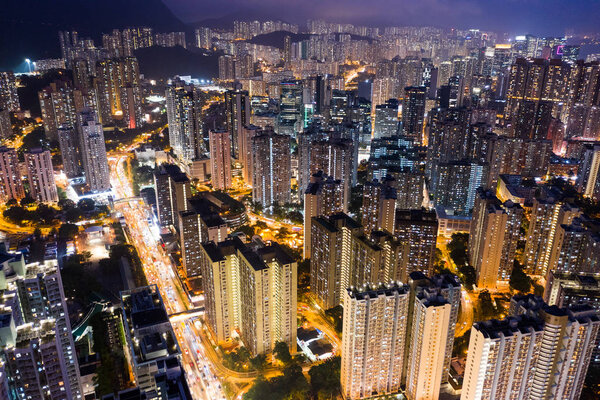 Wong tai Sin, Hong Kong - 28 August, 2018: Top view of Hong Kong city at night