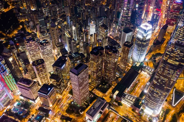 セントラル 2018 香港の夜ダウンタウンの航空写真 — ストック写真