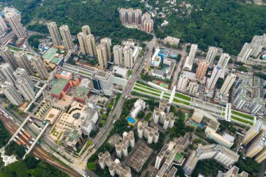 Tuen Mun, Hong Kong, 09 Eylül 2018:-Hong Kong yerleşim alanının havadan görünümü 
