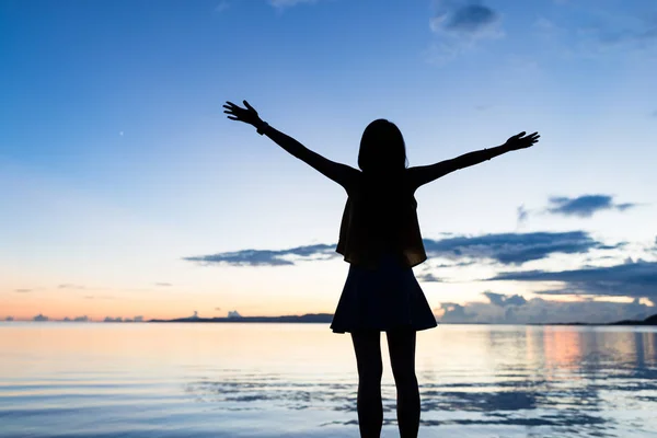 Silhouette Woman Raising Hands Sunset Time — Stock Photo, Image