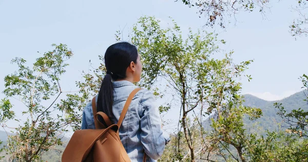 Donna Guardando Foresta Nel Sentiero Escursionistico — Foto Stock