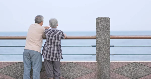 Pareja Ancianos Charlando Mirando Mar Juntos — Foto de Stock