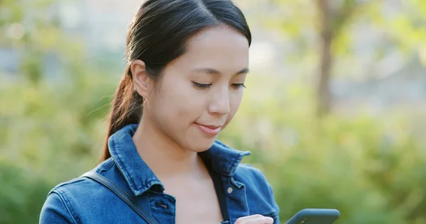 Woman Check Smartphone Green Background — Stock Photo, Image