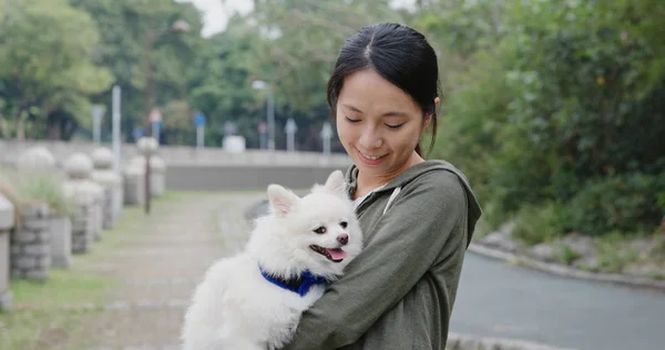 Mulher Jogar Com Cão Pomerânia Parque Livre — Fotografia de Stock