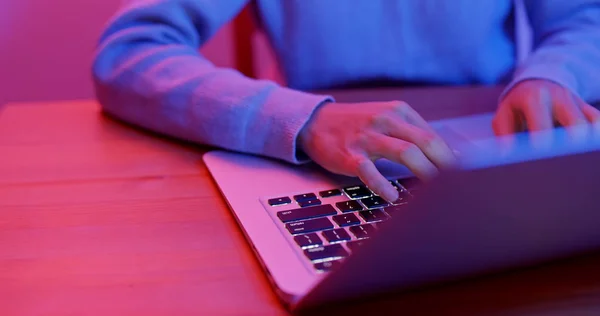 Woman Work Laptop Computer Purple Light — Stock Photo, Image