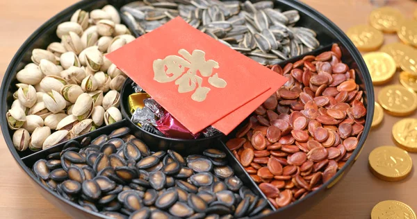 Snackbox Voor Chinees Nieuwjaar Met Rood Pakketwoord Betekent Geluk — Stockfoto