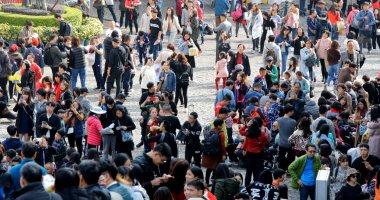 Largo Do Senado, Macau - 22 Ocak 2019: Çin yeni yıl dekorasyonu ile Macau şehir