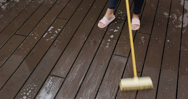 Woman Clean Wooden Floor — 스톡 사진