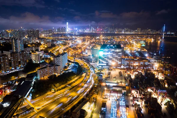 クワイ清華 2019 夜の香港葵青コンテナ ターミナル平面図 — ストック写真