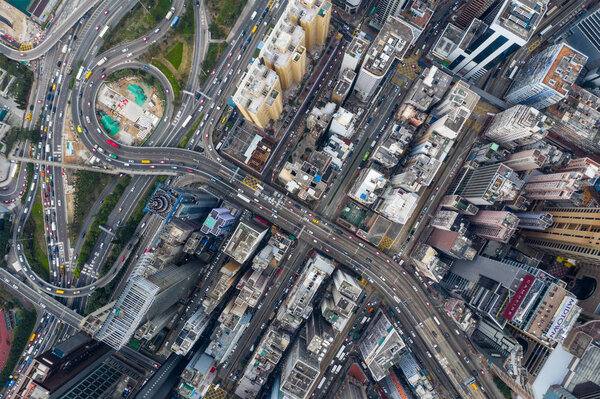 Causeway Bay, Hong Kong - 22 February, 2019: Top down view of Hong Kong city
