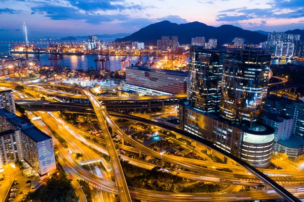 クワイ清華 2019 夜の香港葵青コンテナ ターミナル平面図 — ストック写真