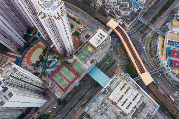 Tin Shui Wai, Hong Kong - 02 February, 2019: Top down view of light rail in Hong Kong residential district city