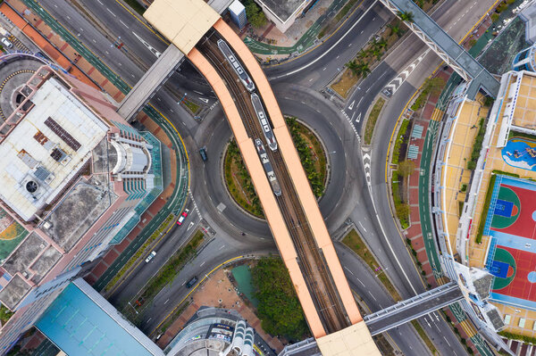 Tin Shui Wai, Hong Kong - 02 February, 2019: Top down view of Hong Kong light rail in the city