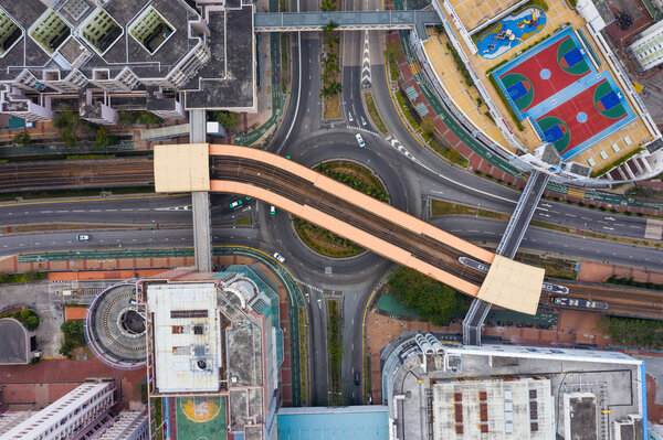 Tin Shui Wai, Hong Kong, 02 February 2019: Top down view of Hong Kong light rail in the city
