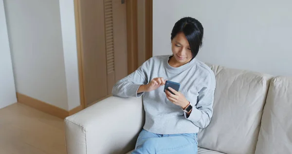 Woman Use Mobile Phone Sit Cellphone Home — Stock Photo, Image