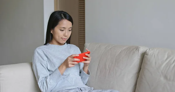 Woman Play Cellphone Sit Sofa Night — Stock Photo, Image