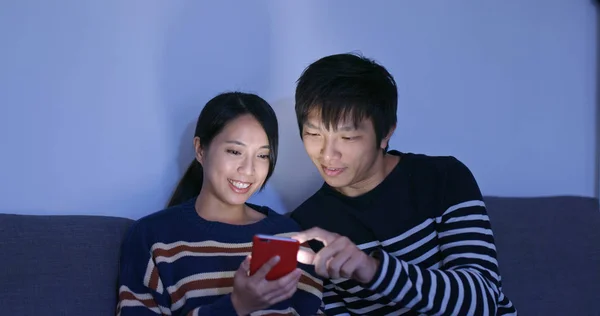 Couple Use Mobile Phone Together Home — Stock Photo, Image