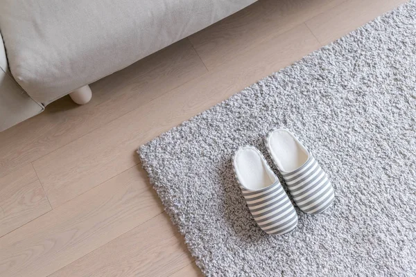 家中地毯上的米色拖鞋 — 图库照片