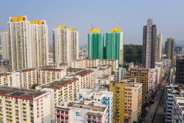 Sham Shui Po, Hong Kong - 19 Mart 2019: Hong Kong şehrinin yukarıdan aşağıya görünümü