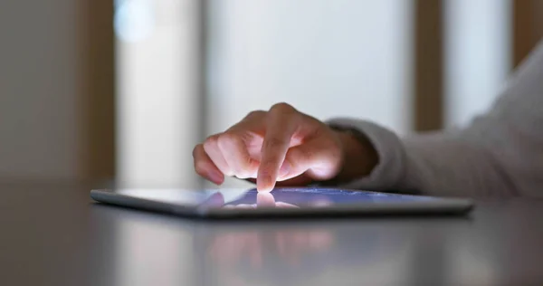 Woman Finger Touch Tablet Computer Home — Stock Photo, Image