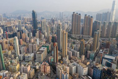 Sham Shui Po, Hong Kong - 19 Mart 2019: Hong Kong şehrinin havadan görünümü