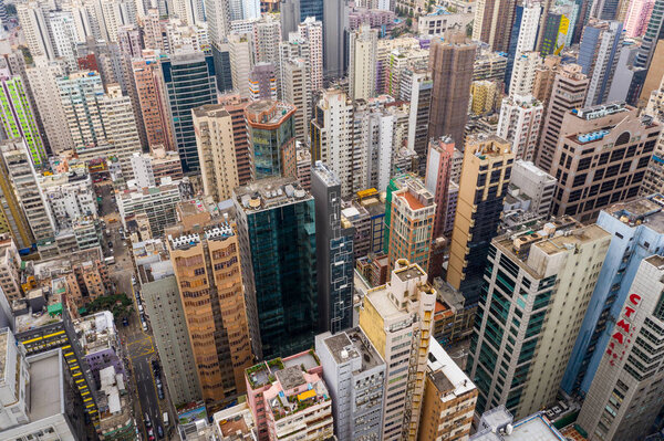 Mong Kok, Hong Kong - 21 March, 2019: Top view of Hong Kong city