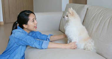 Kadın evde onu Pomeranian köpeği kucaklamak