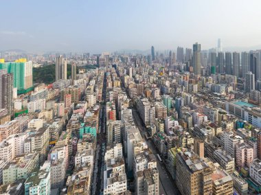 Sham Shui Po, Hong Kong - 18 Mart 2019: Hong Kong şehrinin havadan görünümü