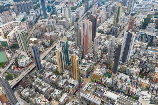 Kowloon City Hongkong Duben 2019 Drone Létá Nad Hongkongským Městem — Stock fotografie