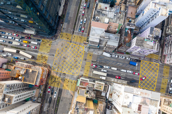 Sham Shui Po, Hong Kong, 19 March 2019: Top view of Hong Kong city traffic