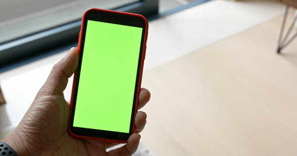 Человек держит зеленый экран на телефоне
