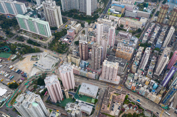 Wong Tai Sin, Hong Kong - 11 April, 2019: Top view of Hong Kong residential district