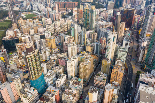 Sham Shui Po, Hong Kong, 19 March 2019: Aerial view of Hong Kong downtown city