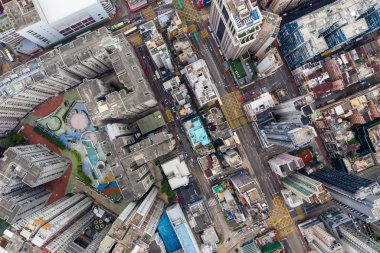 Hung Hom, Hong Kong - 21 Nisan 2019: Hong Kong şehir binasının yukarıdan aşağıya görünümü