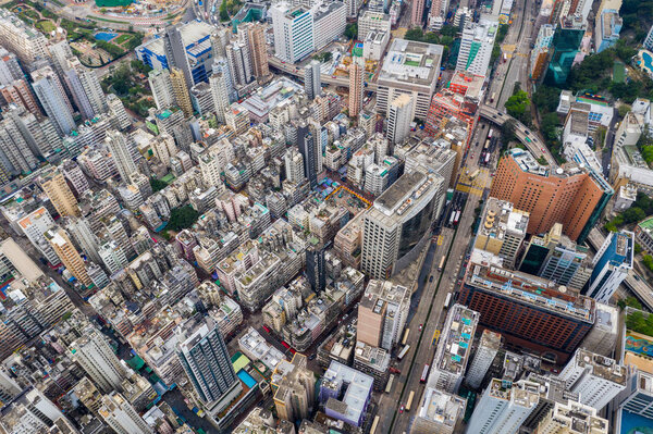 Hung Hom, Hong Kong - 21 April, 2019: Top down view of Hong Kong city
