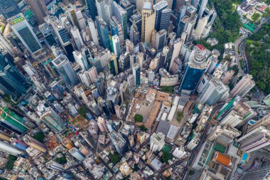 Central, Hong Kong - 29 Nisan 2019: Hong Kong şehrinin havadan görünümü