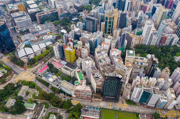 Tsim Sha Tsui East, Hong Kong - 21 April, 2019: Top down view of Hong Kong city
