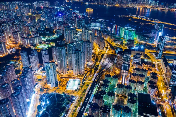 九龍湾 2019年4月25日 夜の香港都市の航空写真 — ストック写真