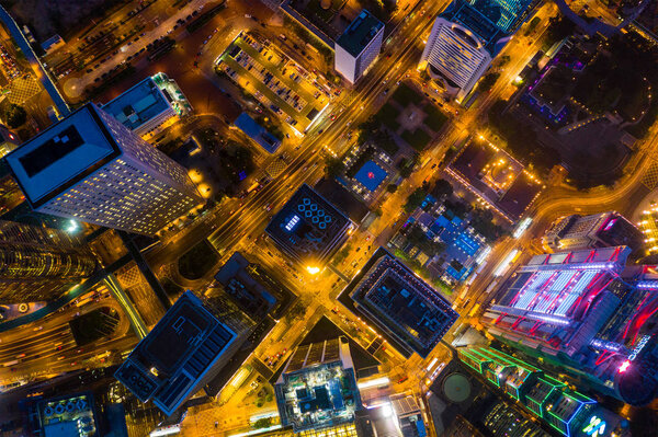 Central, Hong Kong - 29 April, 2019: Drone fly over Hong Kong cityscape at night
