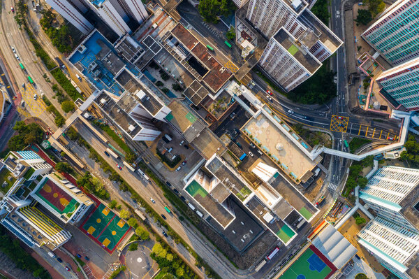 Kowloon Bay, Hong Kong - 25 April, 2019: Top down view of Hong Kong city
