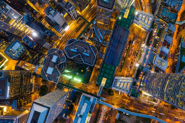 Central, Hong Kong - 29 April, 2019: Aerial view of Hong Kong urban city at night