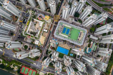 Sha Tin, Hong Kong - 04 Mayıs 2019: Hong Kong yerleşim bölgesinin yukarıdan aşağıya görünümü