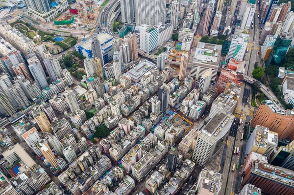 Jordania Hongkong Kwiecień 2019 Drone Latać Nad Hongkońskiego Miasta — Zdjęcie stockowe