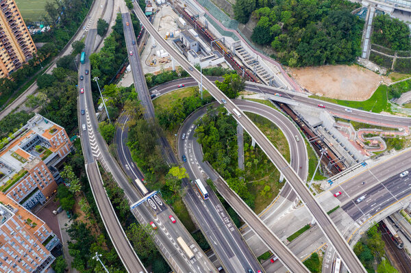 Hung Hom, Hong Kong - 21 April, 2019: Aerial view of Hong Kong traffic