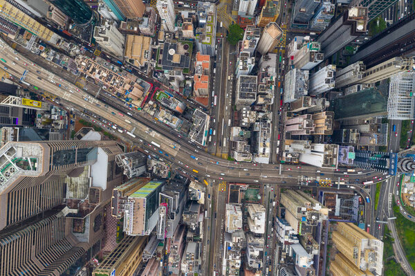 Causeway Bay, Hong Kong - 07 May, 2019: Top view of Hong Kong island district